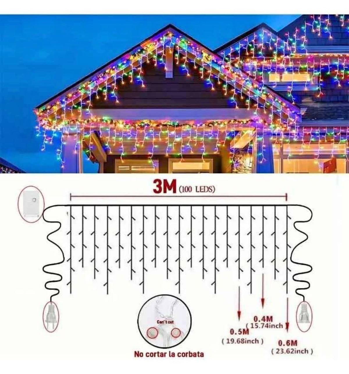 Cascada Luces Led 3 Metros Multicolor Enchufe
