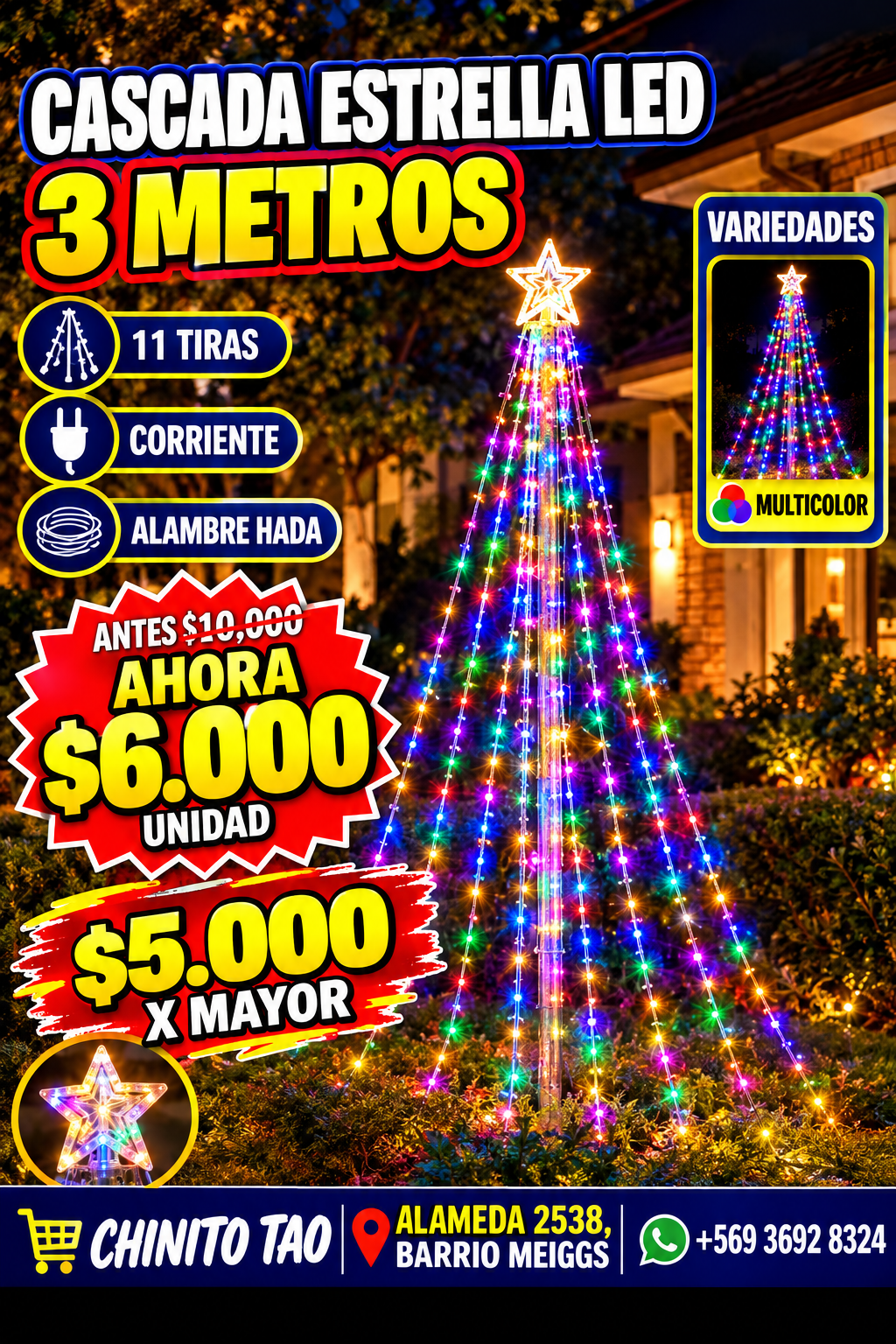 Cascada Luz Led Árbol Navideña Estrella Multicolor Enchufe