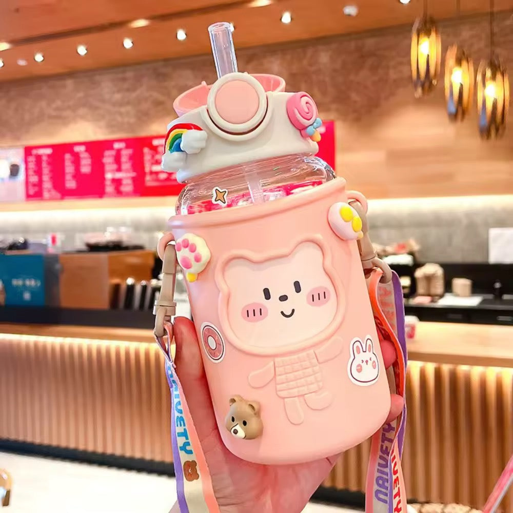 Botella Oso Vaso Kawaii Stickers Tirantes 620ml