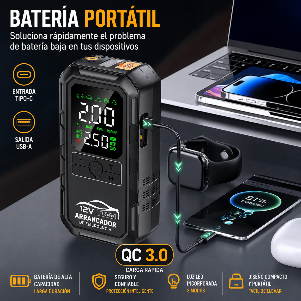 Partidor y Cargador de Batería Auto Power Bank 8000A Compresor Aire
