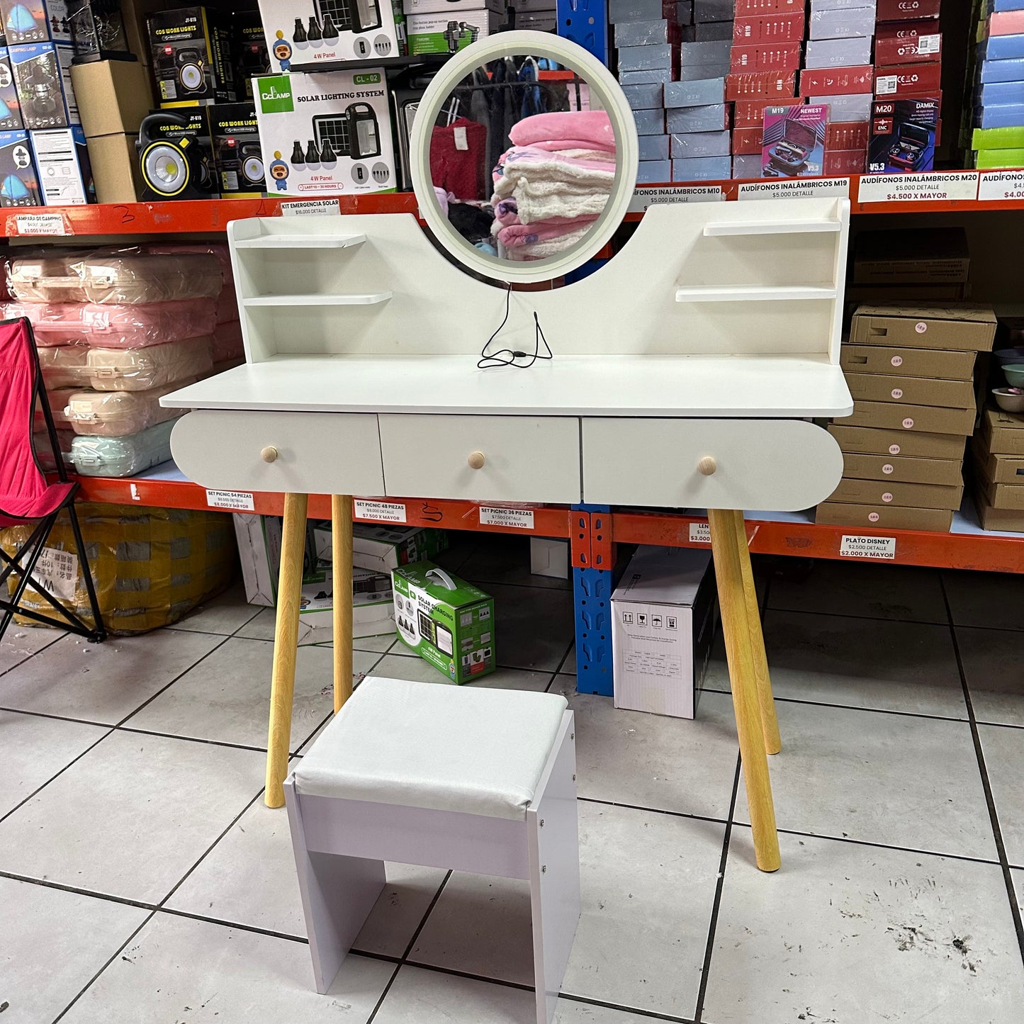 Tocador Lujo Madera con Asiento y Espejo Led Luces