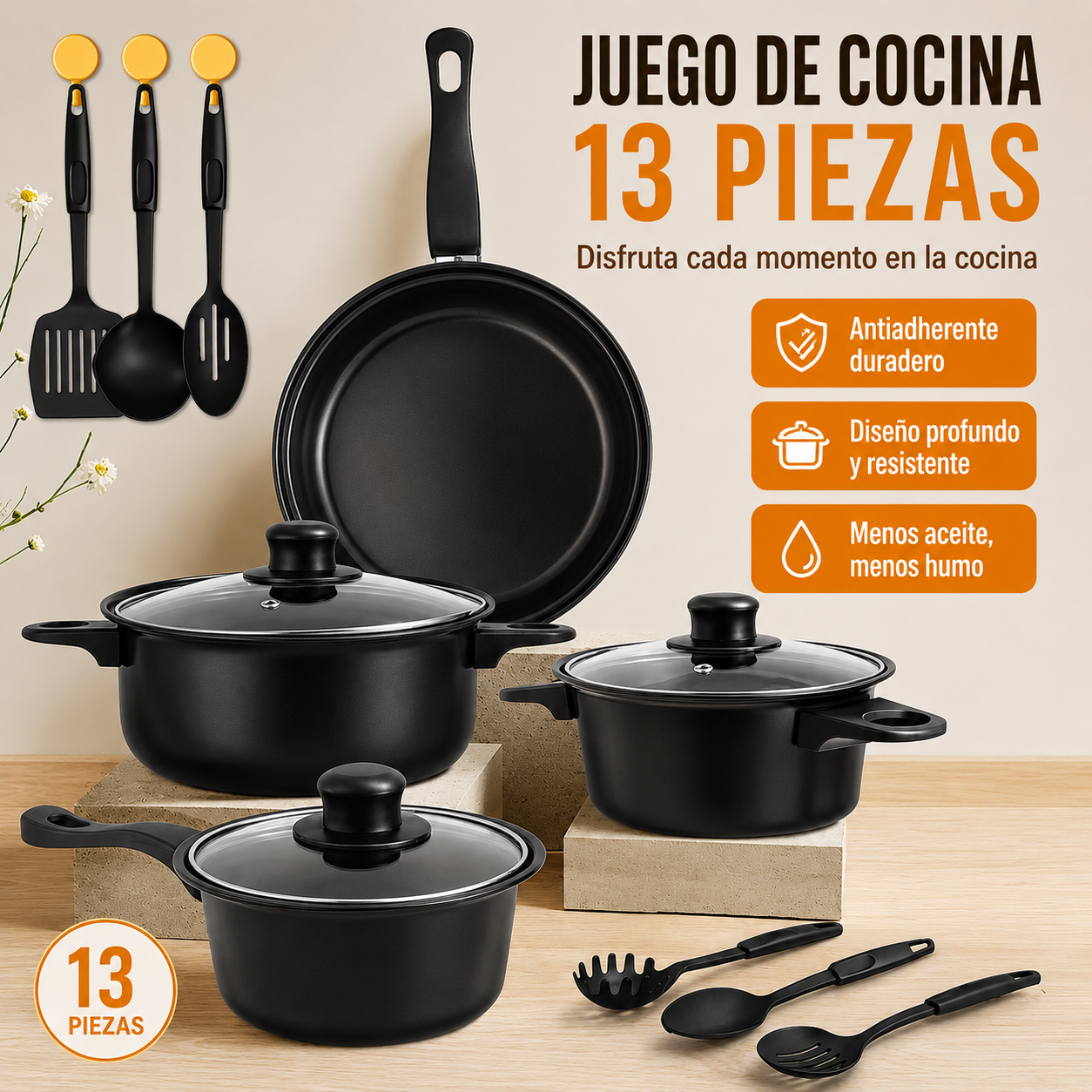 Set Batería Cocina 13 piezas Utensilios Olla Sartén