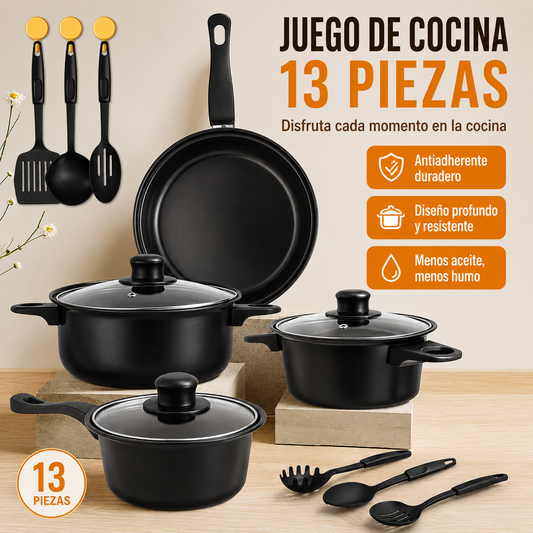 Set Batería Cocina 13 piezas Utensilios Olla Sartén