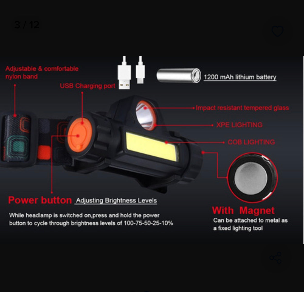 Linterna Minero Frente Cintillo Cabeza Led COD015