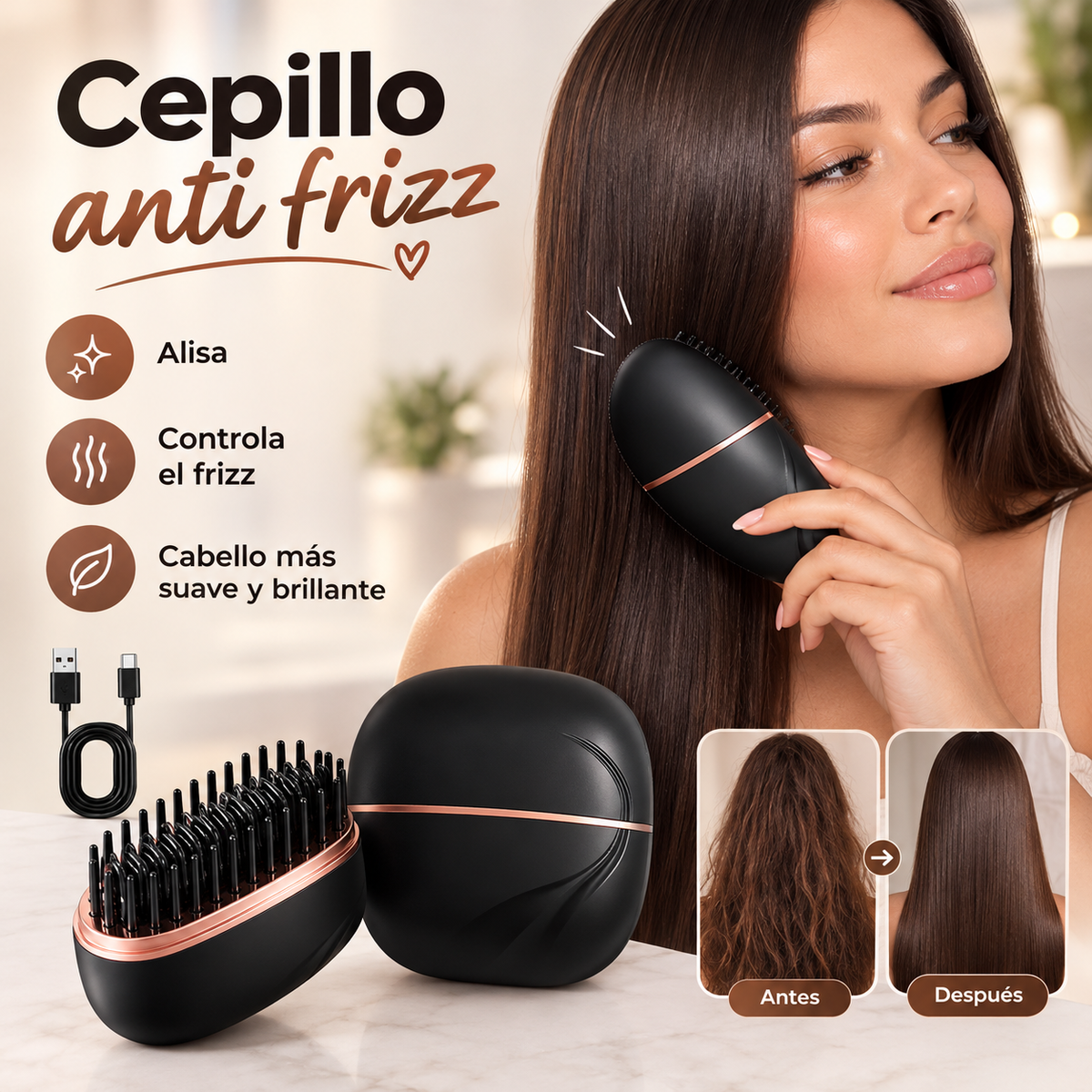Cepillo Compacto Alisador Anti frizz Recargable