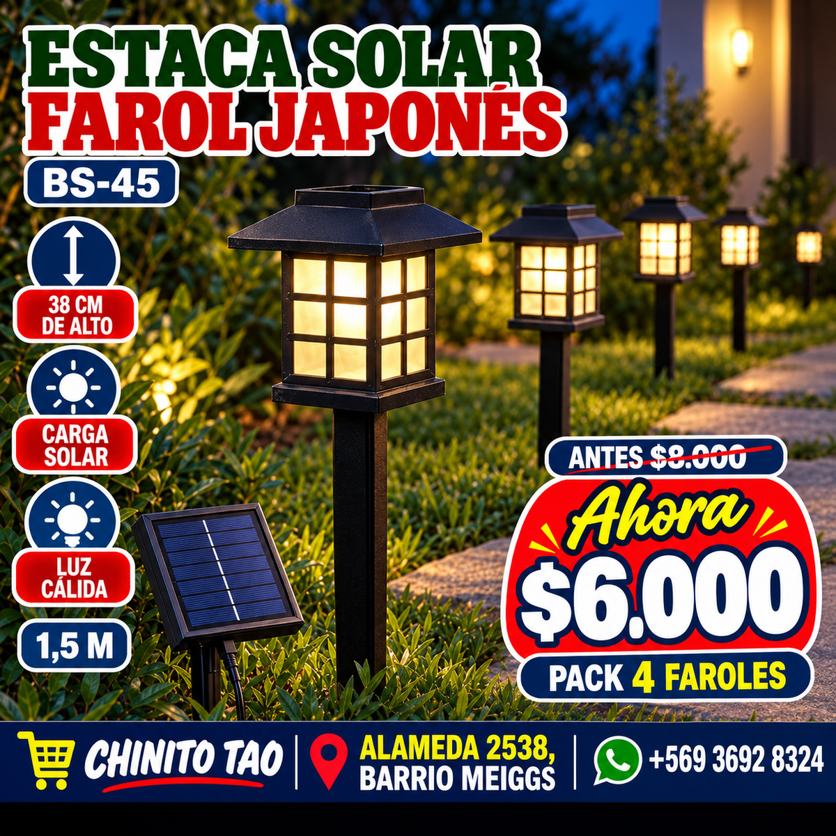 Set 4 Farol Solar Japonés Estaca